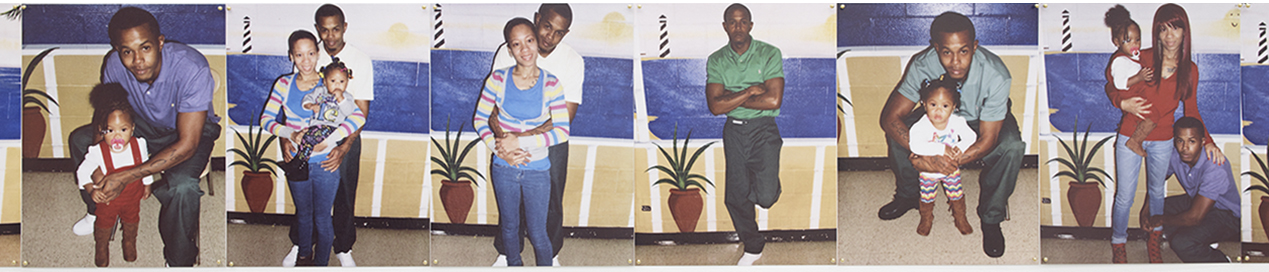 A line of six photographs featuring different family members posing togehter.